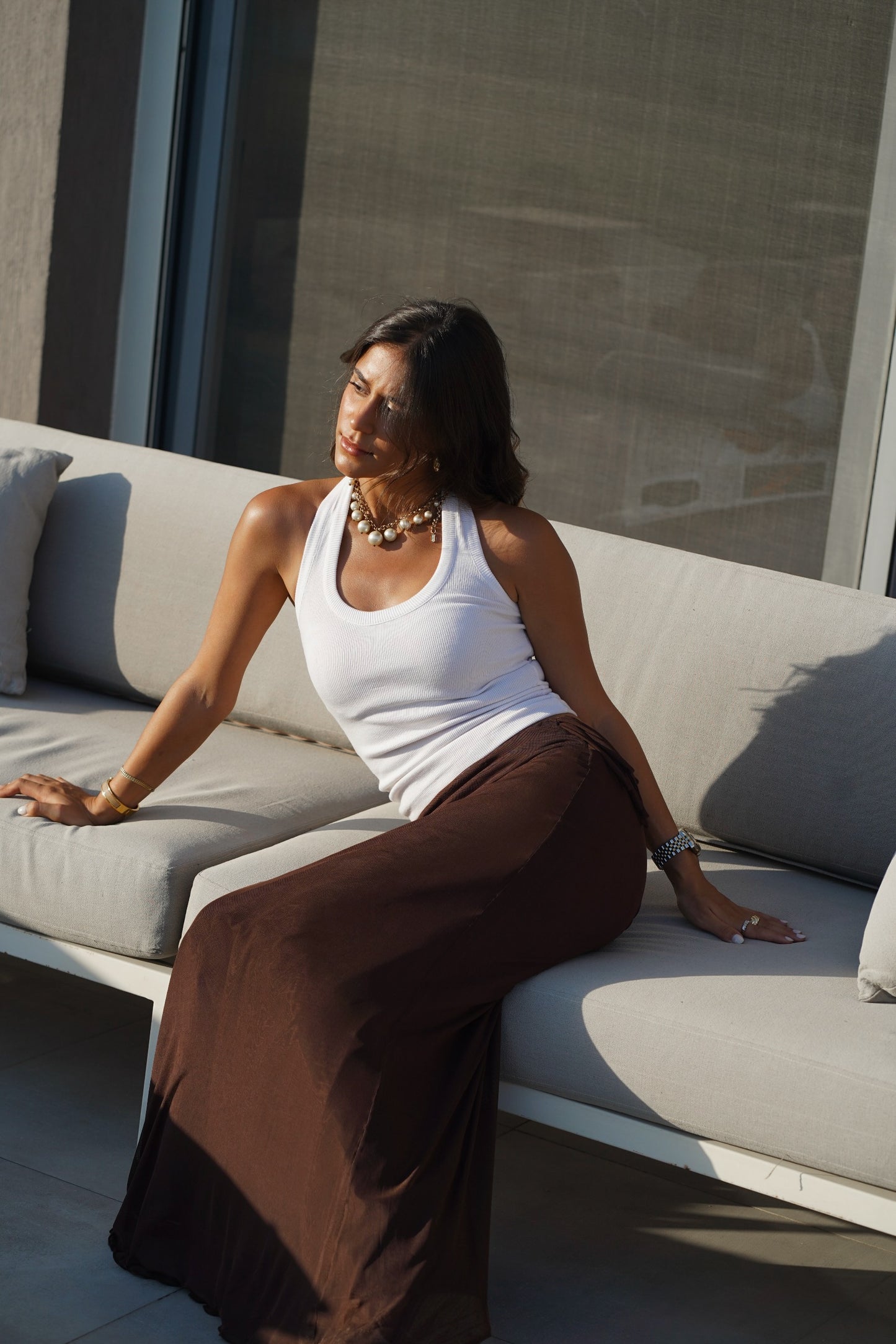 Ribbon mesh skirt in brown